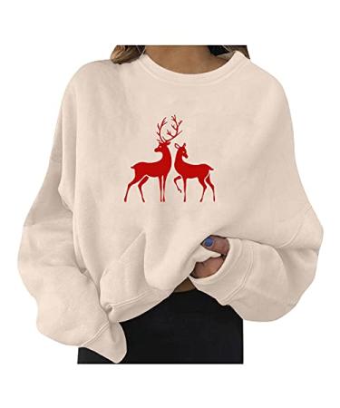 Ladies Winter Christmas Crewneck Shirt Lightweight Classic Printed Long-Sleeved Sweater Womens Tshirts V Neck Beige X-Large
