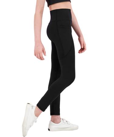 Girl's Athletic Leggings with Pockets Youth Compression Dance Tights Yoga Pants No Front Seam Black 12 Years