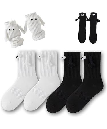 Funny Magnetic Hand Holding Socks 3D Doll Couple Holding Hands Sock Magnetic Sucktion Couple Socks Hand in Hand Socks Mid-Tube Cute Couple Socks Creative Gifts for Women Men 2 Pairs - Black + White
