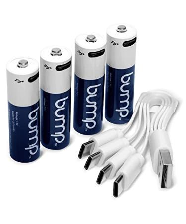 BUMP AA Rechargeable Batteries - 4 Pack - Lithium Ion, High Output, Fast & Long Lasting USB-C Charge, Use w/Remote Control, Battery Operated Toys, Keyboards, Wireless Mice, Charger Cable Included