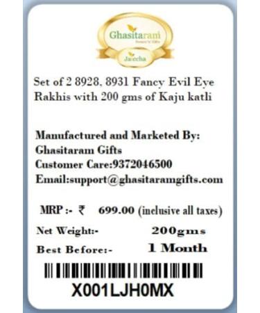Ghasitaram Gifts Rakhi for Brother Rakhis Online - Set of 2 8928 8931 Fancy Evil Eye Rakhis with 200 GMS of Kaju katli - Buy Online on GoSupps.com
