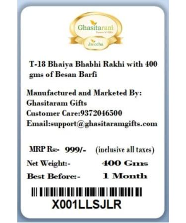 Ghasitaram Gifts Rakhis Online - Rakhi for Brother-T-18 Bhaiya Bhabhi Rakhi with 400 GMS of Besan Barfi Rakhi Set with 400 gms of Besan Barfi - Buy Online on GoSupps.com