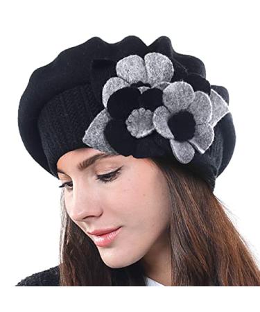 F&N STORY Lady French Beret Wool Beret Chic Beanie Winter Hat Jf-br034 Floral Black
