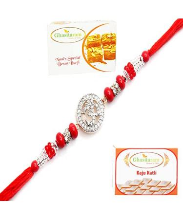 Ghasitaram Gifts Rakhi for Brother Rakhis Online - Diamond Chants of Om Rakhi with 200 GMS of Besan Barfi and 200 GMS of Kaju Katli Rakhi with 200 gms of Besan Barfi & Kaju Katli