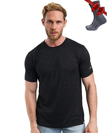 Merino.tech Merino Wool T-Shirt Mens - 100% Organic Merino Wool Undershirt Lightweight Base Layer + Hiking Wool Socks X-Large Charcoal Grey