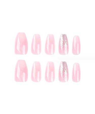 Foccna French Tip Press-On Nails - Medium Gradient Glossy Pink Coffin Nail Tips with Bling | 24PCS Artificial Manicure for Women & Girls - Buy Online on GoSupps.com