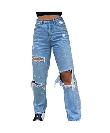 Uninevp Ripped Jeans for Teen Girls Baggy Hole Jeans Women High Waisted Wide Leg Straight Denim Streetwear Fashion Pants