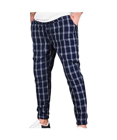 Mens Comfort Loose-fit Plaid Pattern Joggers Classic Drawstring Mid Waist Comfort Athletic Pants Navy Small