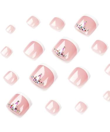 French Tip Press on Toenails - Press On Toenails with Toenails Tips White Edged Colored Rhinestone False Toenails Design Glossy pink press on Toenails Acrylic False Nails Cute Artificial Toenails - Buy Online on GoSupps.com