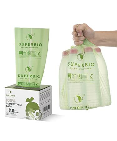 SUPERBIO 2.6 Gallon Compostable Flat Top Garbage Bags, 100 Count, 1 Pack, Small Trash Bags, Sturdy Food Scrap Bags Certified by BPI and OK Compost Meeting ASTM D6400 Standards, 9.84L 2.6 Gallon, 100 Count