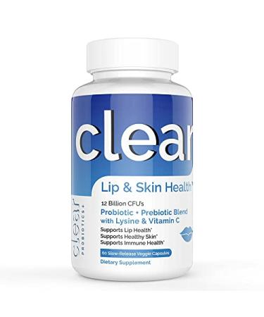 Clear Probiotics Lip and Skin Health - Cold Sore Blister Defense - Probiotic + Prebiotic - Lysine - Vitamin C - Immune Health - Healthy Lips and Skin - 12 Billion CFU's - 60 Count 60 Count (Pack of 1)
