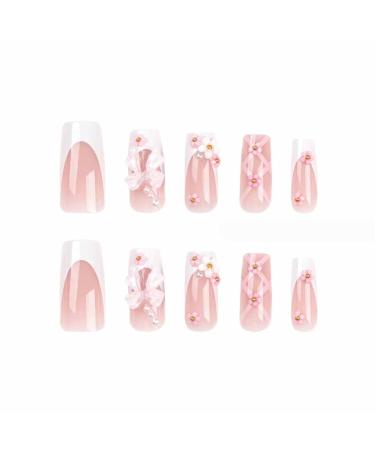 Foccna Medium Long Rhinestone Pink Press on Nails - 24pcs Glossy Bling Square Fake Nails with 3D Flower Design for Women & Girls - Buy Online on GoSupps.com