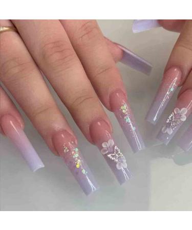 Foccna Purple Fake Nails Sequins Glitter Acrylic Flower Design Artificail Long Press on Nails  Purple Full Cover Fake Nails 3D Butterfly Rhinestone with Design Nail Tips for Women&Girls-24PCS