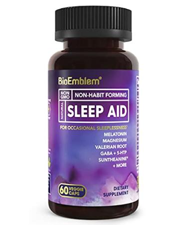 BioEmblem Natural Sleep Aid for Adults with Melatonin, Valerian Root, Suntheanine & More | Healthy Sleep Supplement | Herbal Sleeping Pills | 60 Capsules