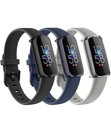 3 Pack Bands for Fitbit Luxe Bands with Screen Protector Case Soft Silicone Sport Replacement Wristbands Strap for Fitbit Luxe Women Small Black+Navy Blue+Gray