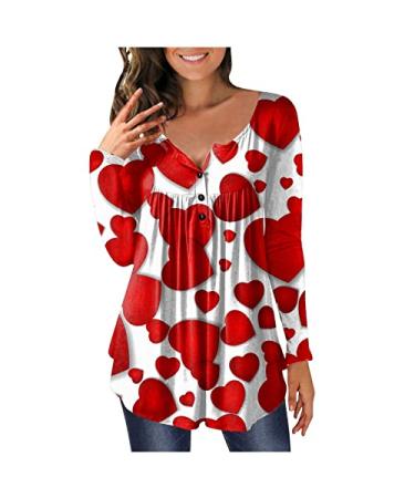 Womens Graphic Tees Valentine's Day Gifts for Wife Cute Love Print Shirts Long Sleeve Tops V Neck Button Tshirts A62-red X-Large