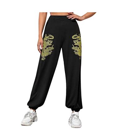 Women's Dragon Print Sweatpants High Waisted Joggers Baggy Pants Workout Running Lounge Trousers with Pockets 01 Black Large