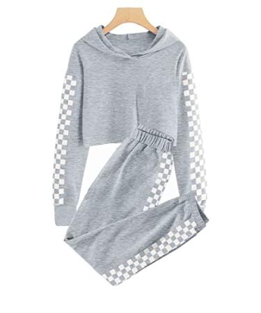 Kids 2 Piece Outfits Girls Crop Tops Hoodies Long Sleeve Fashion Sweatshirts and Sweatpants A-grey 11-12 Years