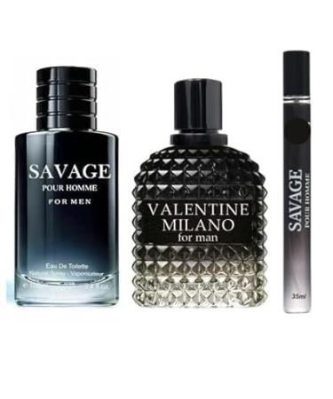 Savage Pour Homme & Valentine Milano for Man Cologne Combo Set for Men - Eau De Toilette Natural Spray 3.4 Fl Oz Each Pack of 3