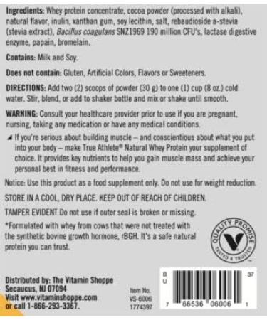 True Athlete Natural Whey Protein - Chocolate - 20g Protein Probiotics for Digestion 1.5 lb Powder for Muscle Recovery & Performance - International Shipping Available - Buy Online on GoSupps.com