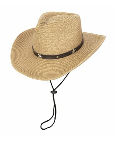 Straw Cowboy Cowgirl Hat for Men Women Wide Brim Sun Hat Western Style with String Khaki Medium