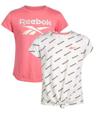 Reebok Girls' T-Shirt - 2 Pack Short Sleeve Fashion Tee Kids Clothing Multipack Strawberry Pink/White 8-10