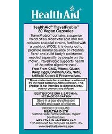 HealthAid TravelProbio 20 Billion CFU Probiotic Saccharomyces boulardii + Prebiotic (FOS) Acid & Bile Resistant Once Daily Vegan Gluten Free Room Temp Stable Travel Digestive Support - Buy Online on GoSupps.com