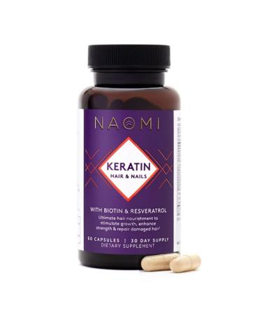 NAOMI Keratin Vegan Hair Growth Supplement for Women Biotin (Vitamin B) & Zinc Soluble Keratin Strong Hair & Nails Vitamins Added Resveratrol for Healthy Aging 60 Capsules