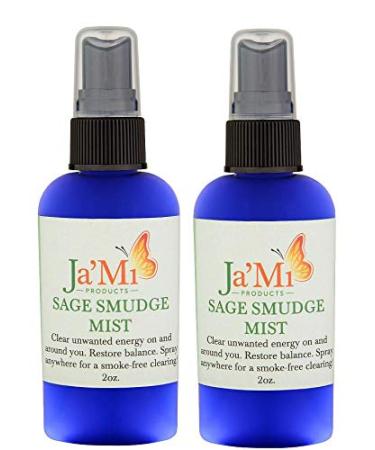 JaMi | Sage Smudge Mist Spray | Clear Unwanted Energy & Restore Balance | Smokeless Alternative | Aromatherapy Fragrance | 100% Pure Essential Oils | 2 oz Bottle (2 Pack)