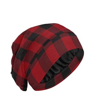 Qilmy Red Black Buffalo Plaid Sleep Cap Soft Comfort Breathable Beanie Hat Double Layer Night Sleeping Bonnet for Women/Girls Haircare Curly Natural Long Hair