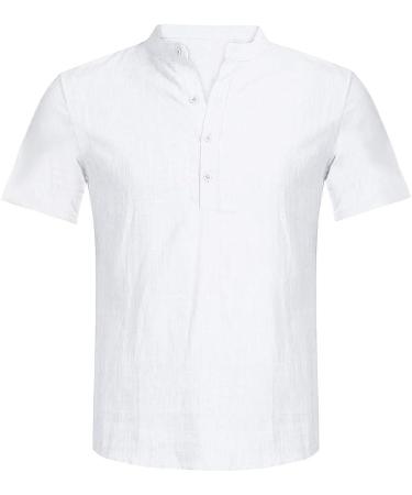 2022 Men's Fashion Cotton Linen Henley V-Neck Shirt - White Medium | Slim Fit Casual Summer Beach Top - Buy Online on GoSupps.com