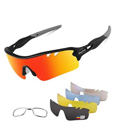 Polarized Sports Sunglasses Cycling Sun Glasses for Men Women with 5 Interchangeable Lenes for Running Baseball Golf Driving Black Gray