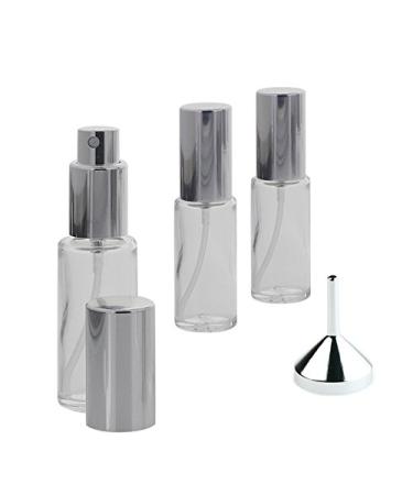 Round clear glass Kosmetex 20ml bottle with silver atomizer plus funnel 3x silver + funnel