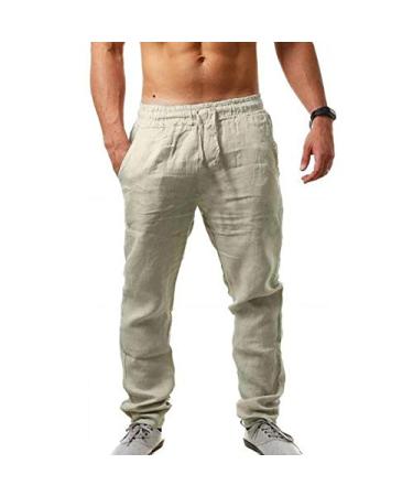 Men's Casual Long Pants Linen Pants - Loose Lightweight Casual Trousers Summer Yoga Beach Trousers Large Khaki
