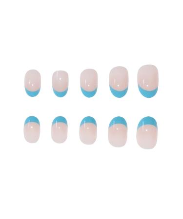 MISUD Short Oval Press on Nails - Glossy Blue French Tip Acrylic Nails - 24 pcs Round Artificial Summer False Nails - Buy Online on GoSupps.com