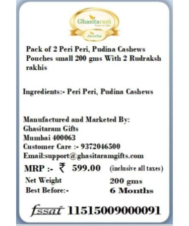 Jaiccha Ghasitaram Rakhi Gifts for Brothers Rakhi Dryfruits - Pack of 2 Peri Peri Pudina Cashews Pouches Small 200 GMS with 2 Rudraksh rakhis - Buy Online on GoSupps.com
