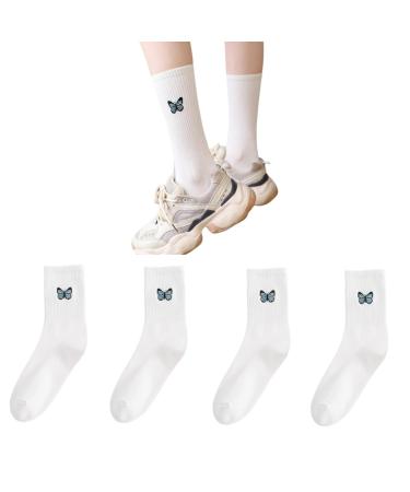 Akamas 4 pair black white women breathable cotton socks funny colorful butterfly embroidery socks retro tennis socks warm calf socks embroidered sports socks for women and girls 35-41