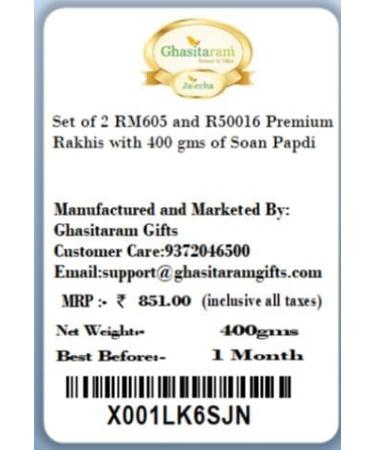 Ghasitaram Gifts Rakhi for Brother Rakhis Online - Set of 2 RM605 and R50016 Premium Rakhis with 400 GMS of Soan Papdi - Buy Online on GoSupps.com