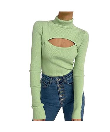 Womens Sweaters Solid Color Long Sleeve Turtleneck T Shirts Slim Knitted Bottoming Sexy Hollow Fit Pullover Tops Medium Green