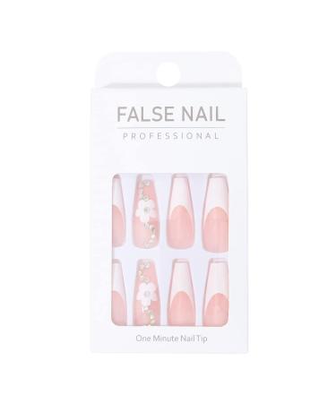 Brishow Pink Artificial Long French Press On Nails with Crystal Flower - 24 Ballerina Acrylic False Nails for Women & Girls - Buy Online on GoSupps.com