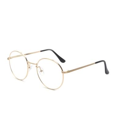 ALWAYSUV Metal Frame Retro Glass Frame Flat Mirror Decorative Glasses Classic Round Frame Glasses Clear Lens Glasses Gold