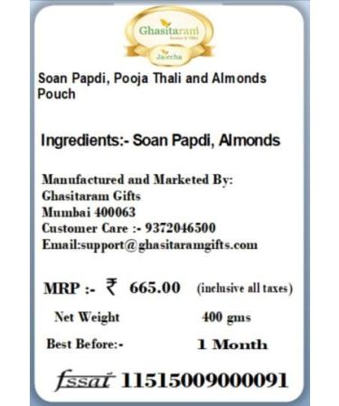 Ghasitaram Gifts Bhaidooj Gifts Bhaidooj Sweet - Soan Papdi Pooja Thali and Almonds Pouch - Buy Online on GoSupps.com