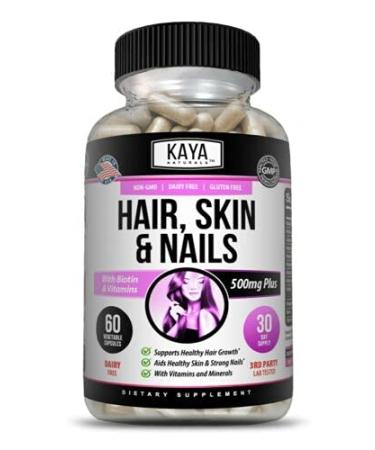 Kaya Naturals Hair Skin Nail Capsules BIOTIN Vitamin D Vitamin B-12 A Folic Acid Support Hair Support Vitamin Supplement 60 Count