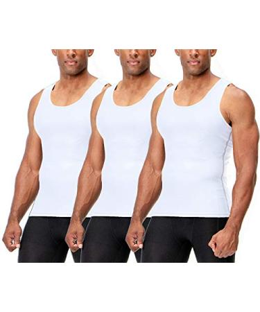 DEVOPS 3 Pack Men's Muscle Dri Fit Compression Tank Top Large #2 3 Pack White / White / White(gray-stitch)