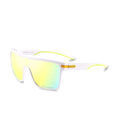 Karsaer Flat Top TR90 Polarized Sports Men Sunglasses Vintage Square Cycling Running Fishing Golf Hiking Sports Glasses Mirrored Gold Lens/White