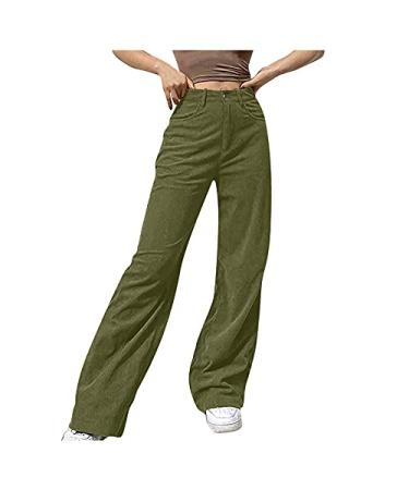 Corduroy Pants for Women, Women's Pants High Waist Corduroy Solid Pants Vintage Y2K Straight Leg Baggy Trousers Large A-green