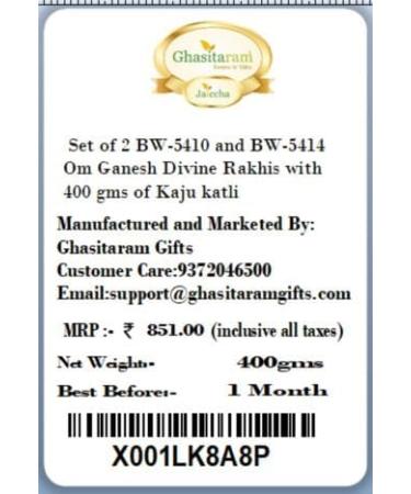 Ghasitaram Gifts Rakhi for Brother Rakhis Online - Set of 2 BW-5410 and BW-5414 Om Ganesh Divine Rakhis with 400 GMS of Kaju katli - Buy Online on GoSupps.com