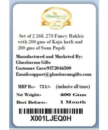 Ghasitaram Gifts Rakhi for Brother Rakhis Online - Set of 2 268 270 Fancy Rakhis with 200 GMS of Kaju katli and 200 GMS of Soan Papdi - Buy Online on GoSupps.com