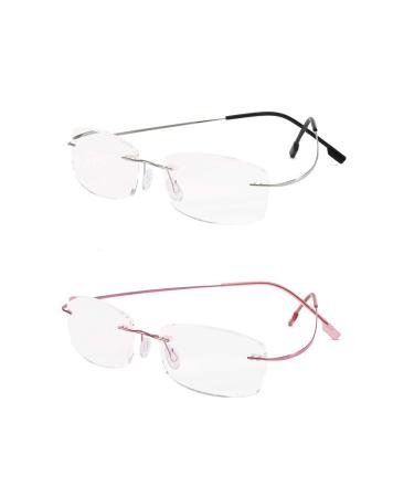 Rimless reading glasses super light titanium reading aid for women and men silver pink +3.0
