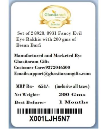 Ghasitaram Gifts Rakhi for Brother Rakhis Online - Set of 2 8928 8931 Fancy Evil Eye Rakhis with 200 GMS of Besan Barfi - Buy Online on GoSupps.com